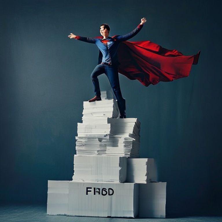 A witty, clean photograph of a business owner wearing a superhero cape while triumphantly standing on top of a giant, 5-foot-tall stack of white paper labeled 