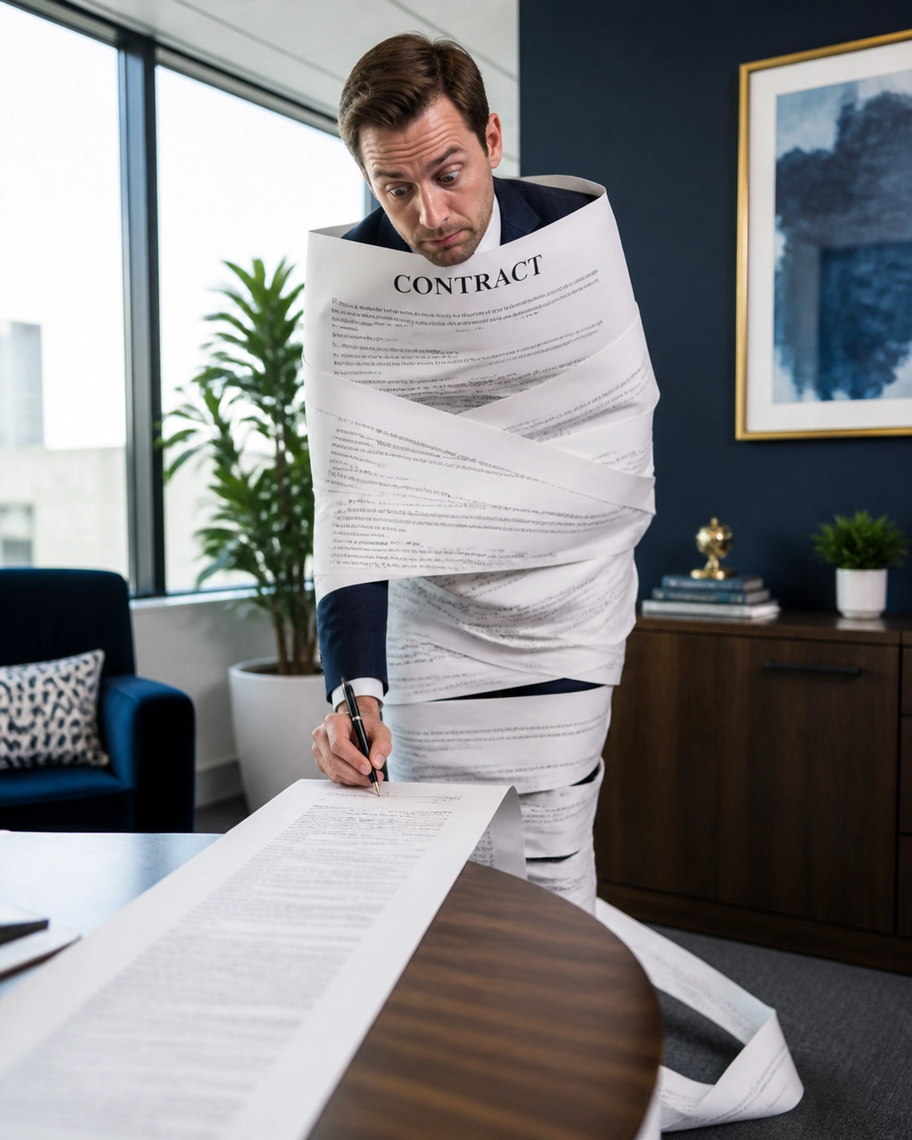 A person wrapped in a 10-foot long contract.