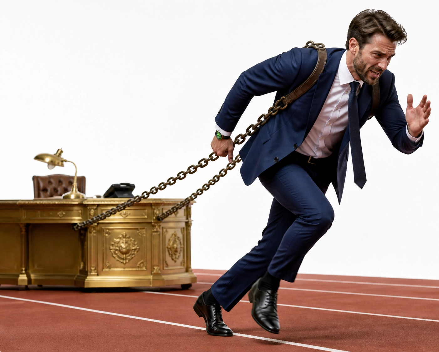 Business founder dragging a heavy desk illustrating the high overhead costs of traditional franchise development.