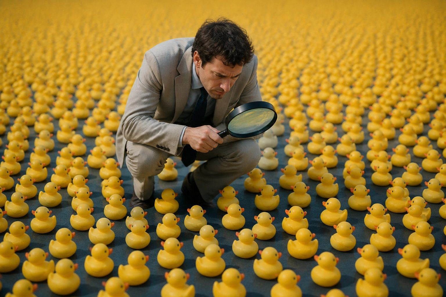Man with magnifying glass finding a specific duck, representing targeted franchise lead generation.