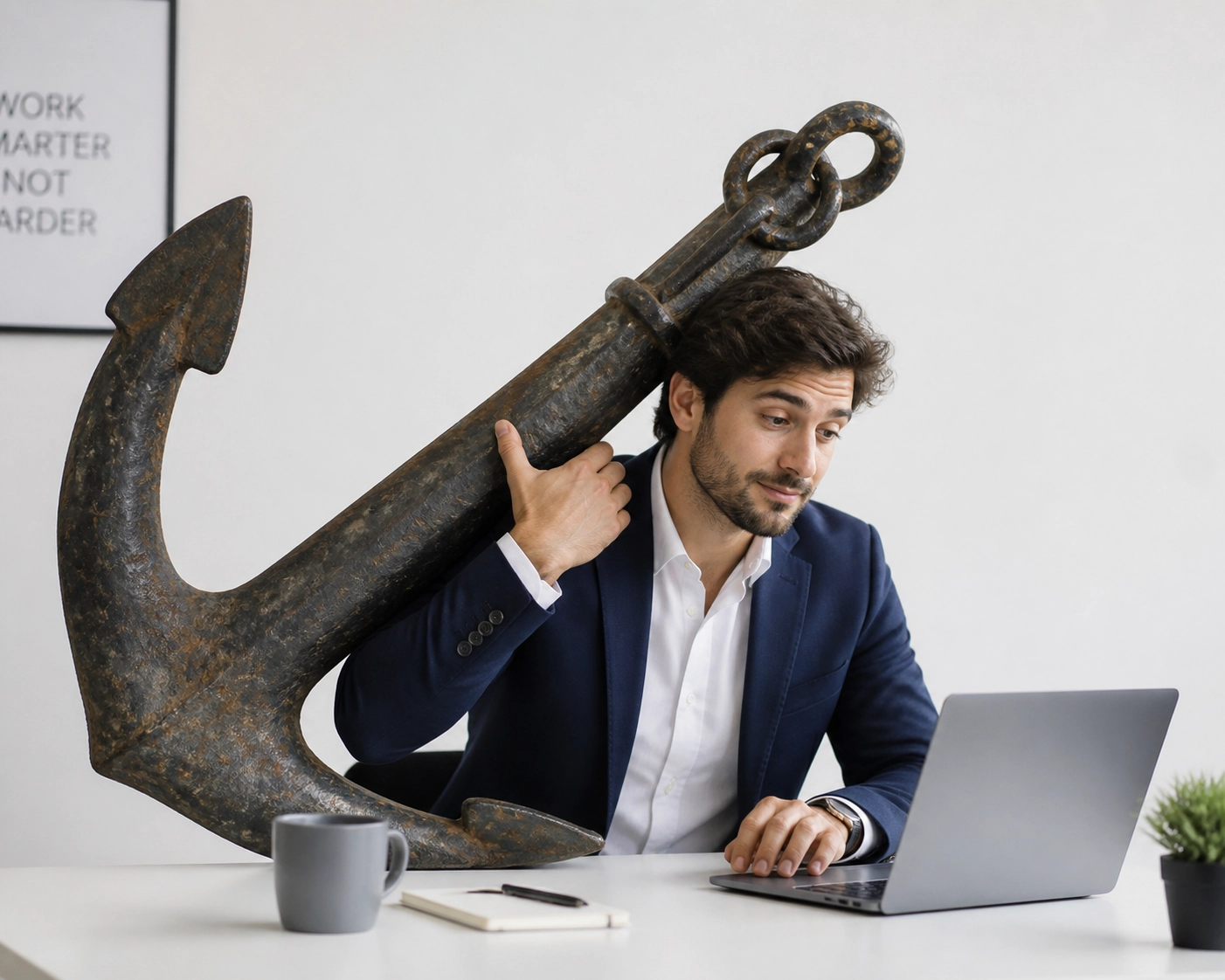 Man at desk balancing a ship anchor, representing the heavy overhead costs of a franchise development agency.