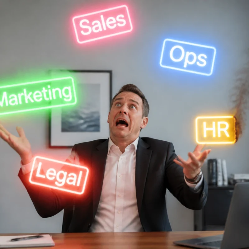 Frustrated businessman in a suit gestures at neon signs labeled Sales, Ops, Marketing, HR and Legal in an office.