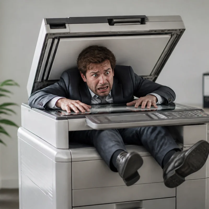 An anxious man in a suit sits inside an open office copier, hands gripping the glass lid and looking distressed.