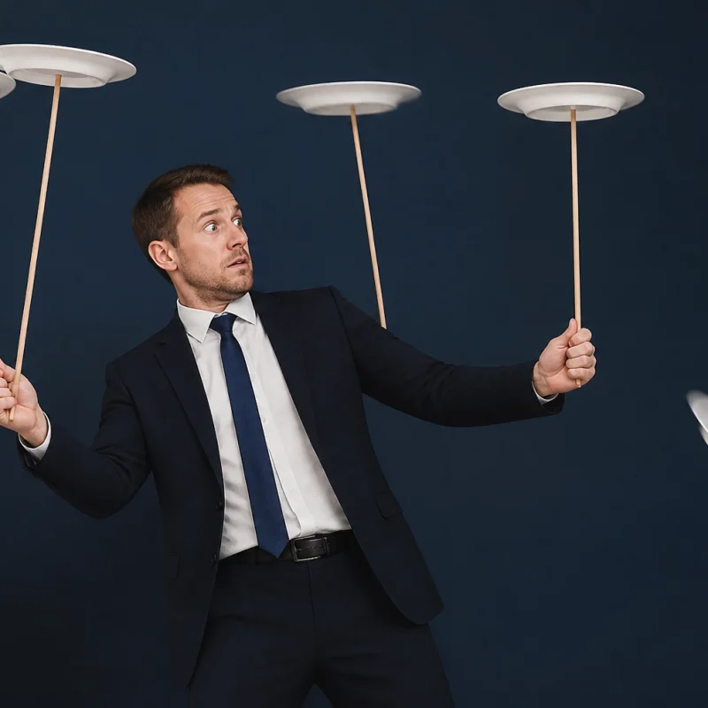 Man in a suit juggling three plates on sticks in an office setting, with one plate midair by his trash can.