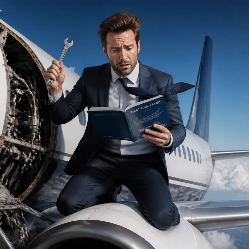 Man in a dark suit kneels on an airplane wing, holding a wrench and reading a blue booklet titled 'Next Gen Flyer' beside an open engine in a blue sky.