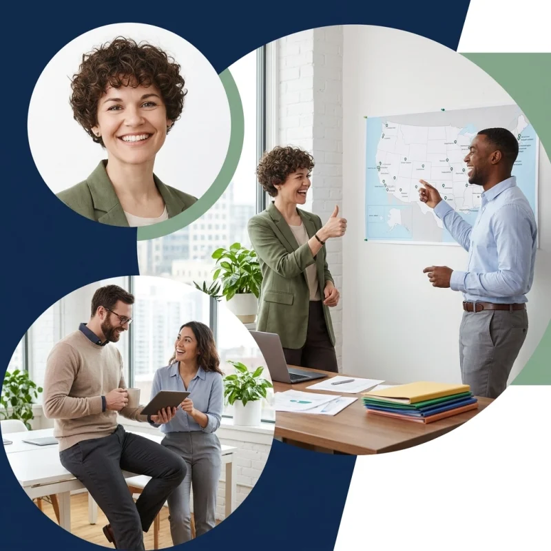 Three coworkers collaborate in a bright office: a woman and man stand by a map, while another pair talks at a table with a laptop and files nearby.