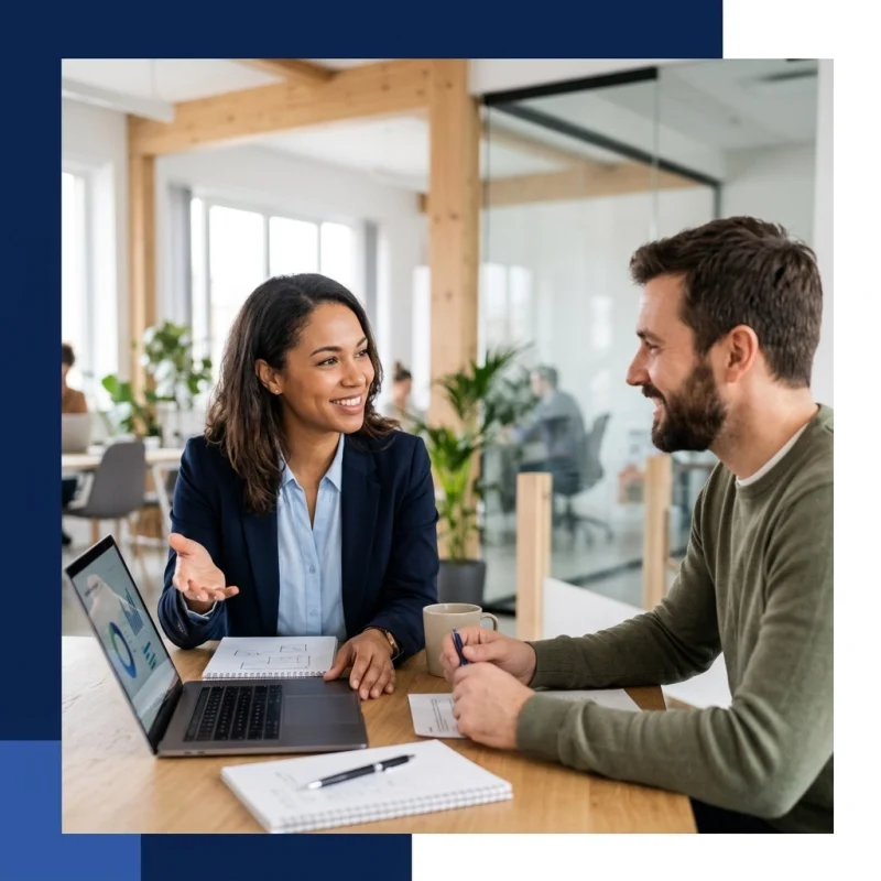 Two colleagues talk at a wooden desk with a laptop, charts, and a mug in a modern office.