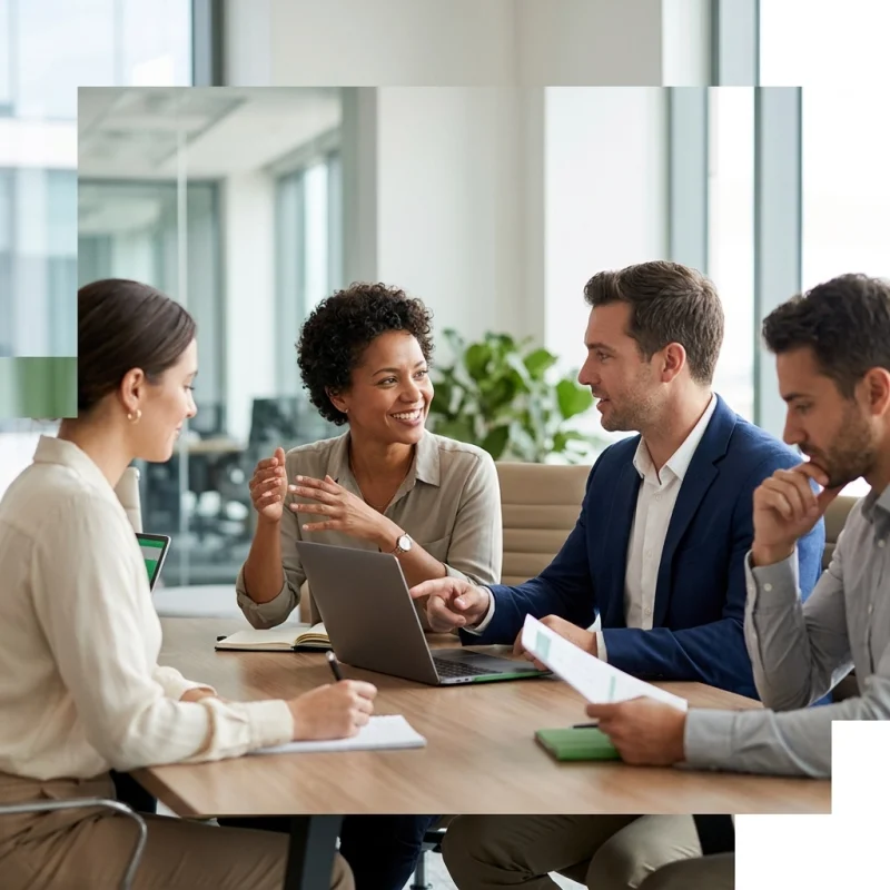 Four professionals in a modern office round a wooden table, one woman gesturing as she talks while others listen with laptops and documents nearby