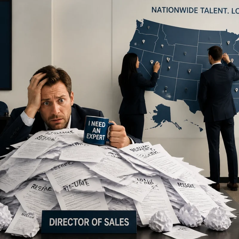 Director of Sales sits overwhelmed at a desk covered in resumes and papers, holding a mug that reads 'I NEED AN EXPERT'.