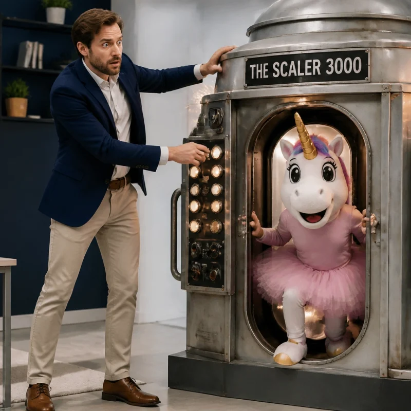 Man in a suit operates a large metal machine labeled THE SCALER 3000 as a unicorn mascot in a pink tutu emerges from the doorway. Sparks fly from the side of the machine.