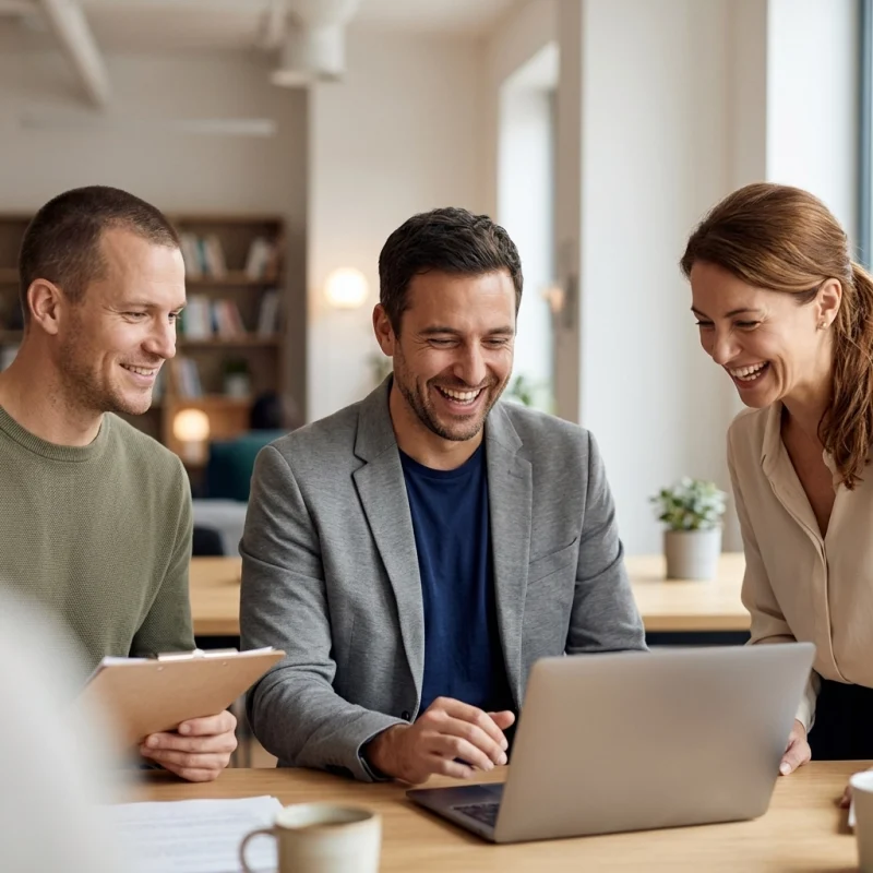 Three coworkers laughing and looking at a laptop on a bright office desk.