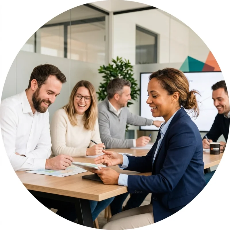Team of professionals in a friendly meeting around a wooden table, woman in navy blazer handing a tablet to a colleague.