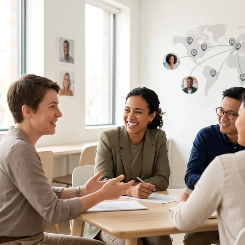A diverse group of coworkers sits around a wooden table in a bright office, smiling and talking during a meeting with documents.