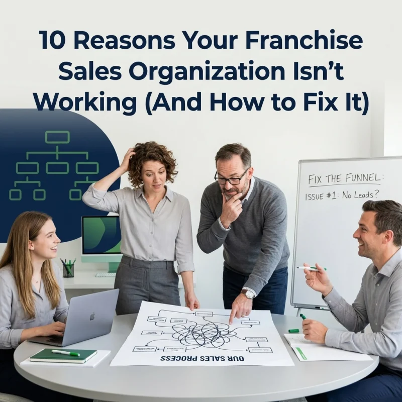 Four professionals around a table review a sales-process diagram; a whiteboard reads “Fix the funnel.”