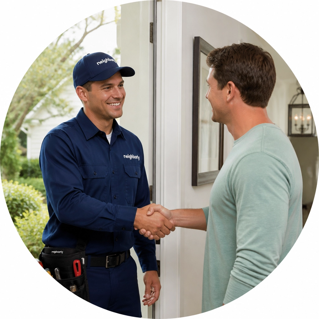 A professional home service technician shaking hands with a homeowner in a modern Southeast home.