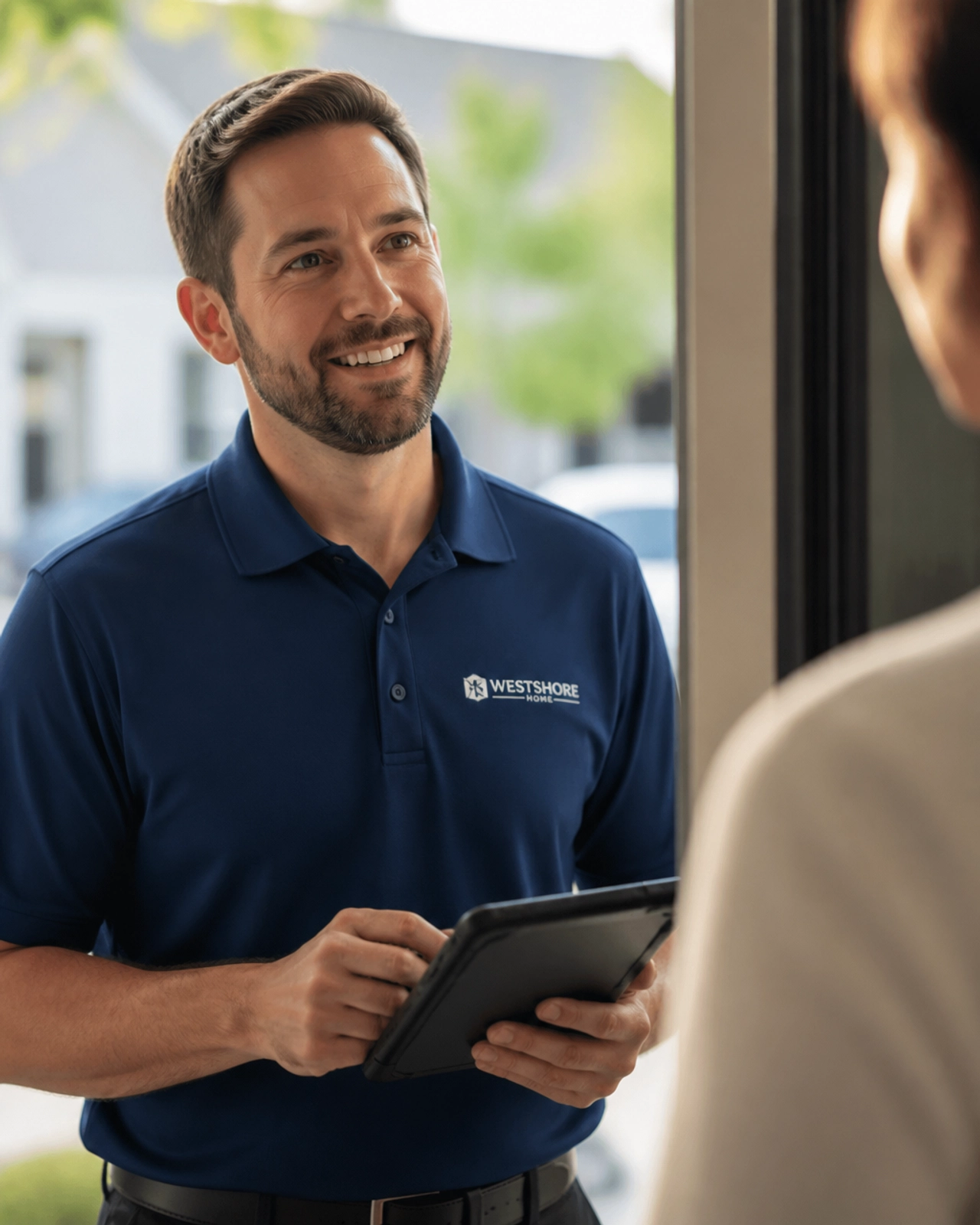 A professional service technician providing high-quality, on-site service to a homeowner