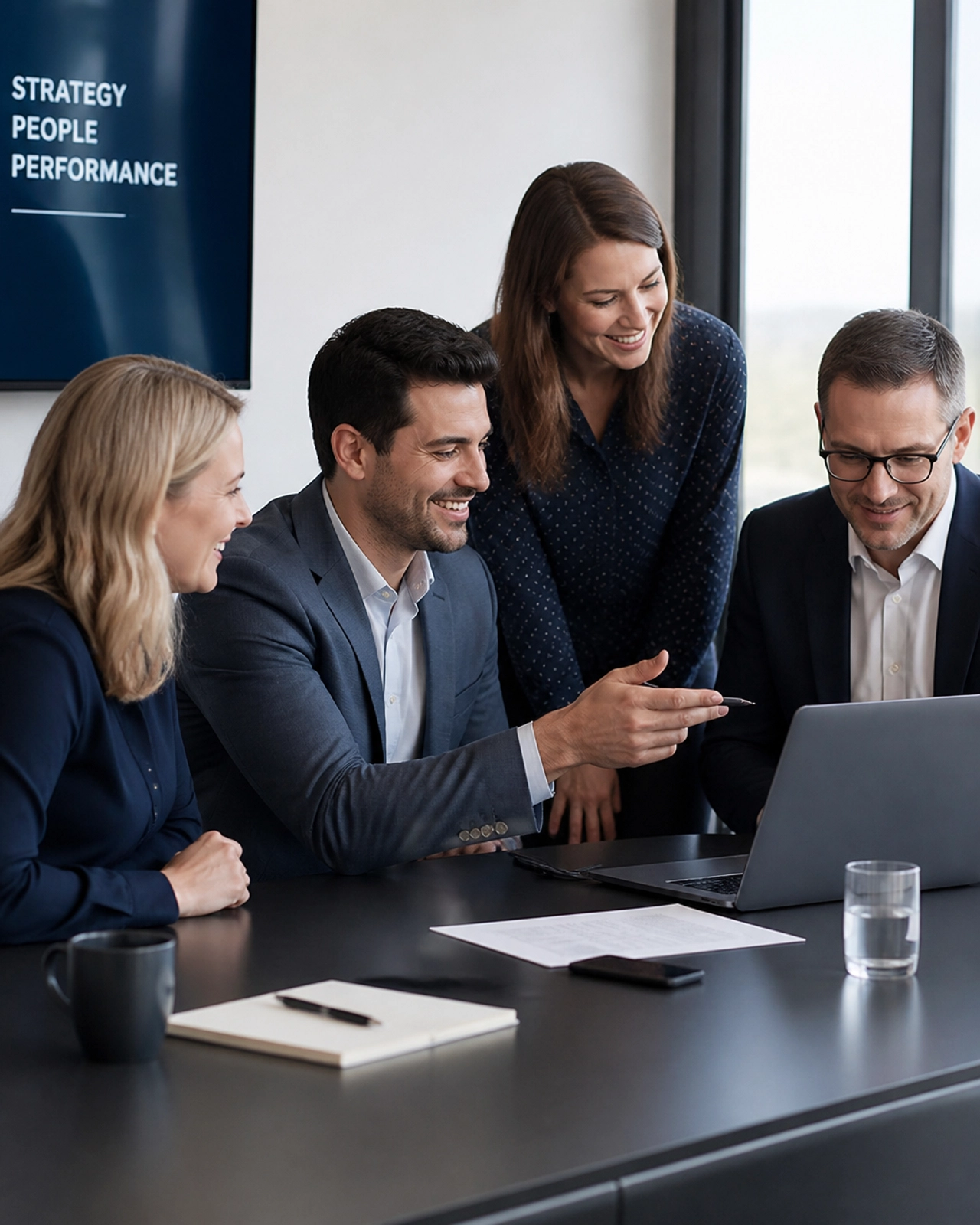 A candid, professional shot of a small group of business leaders in a casual boardroom, engaged in a positive and collaborative conversation.