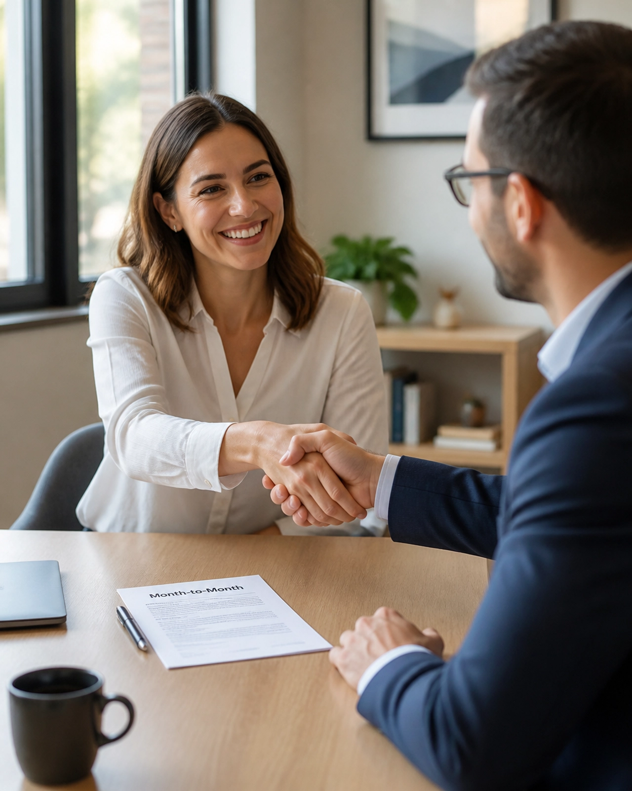 Professionals shaking hands over a month-to-month contract