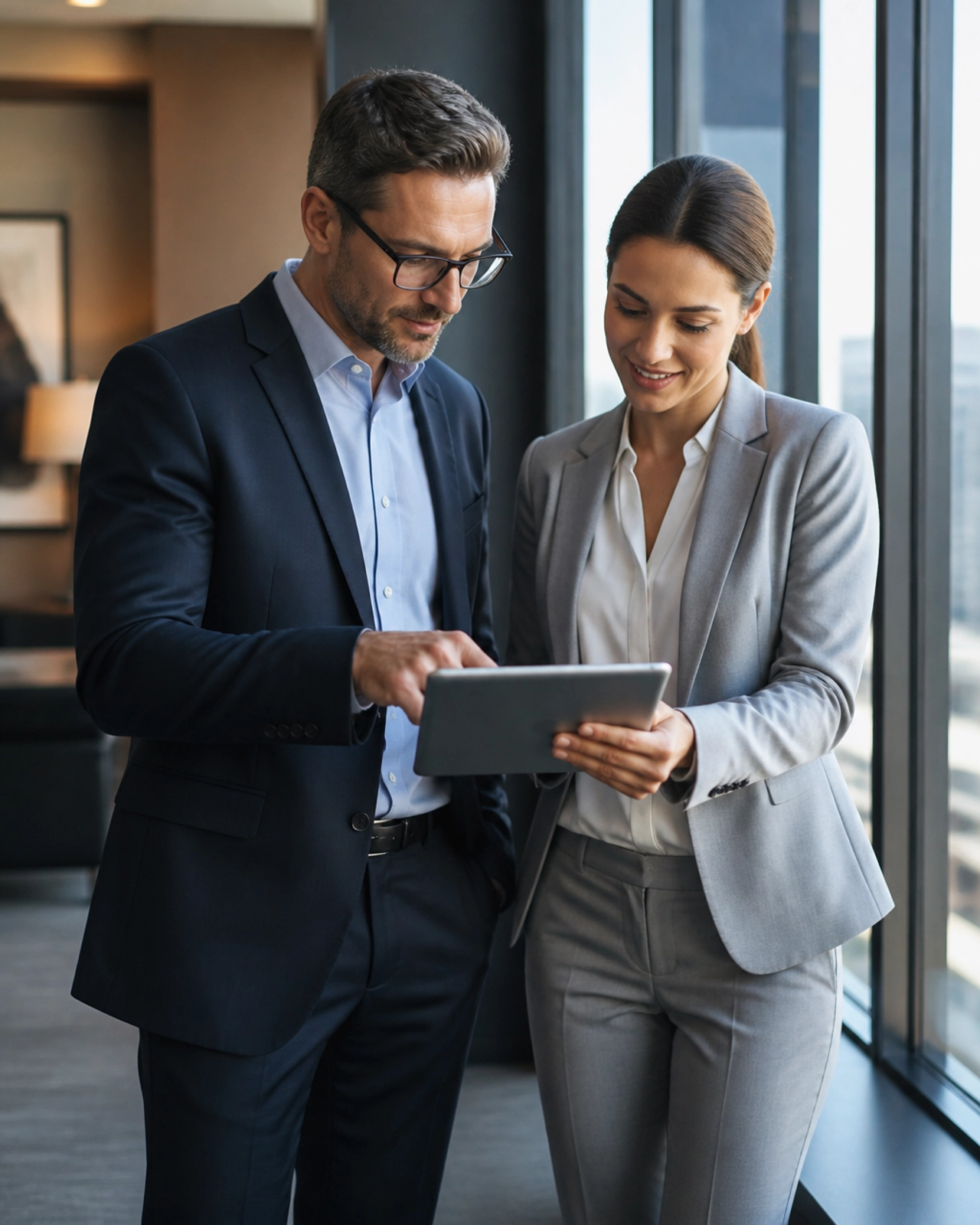Two professionals, a man and a woman, standing by a window in a high-end office space, discussing a strategy on a tablet.