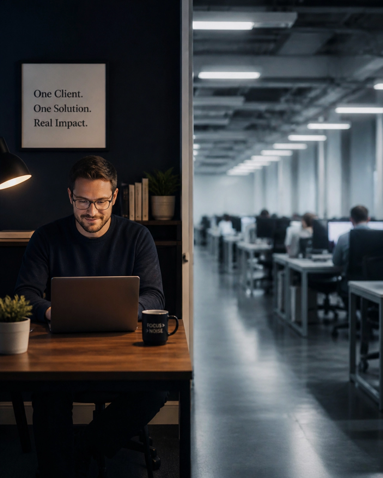 A dedicated fractional consultant working intently versus a cold, factory-like office environment