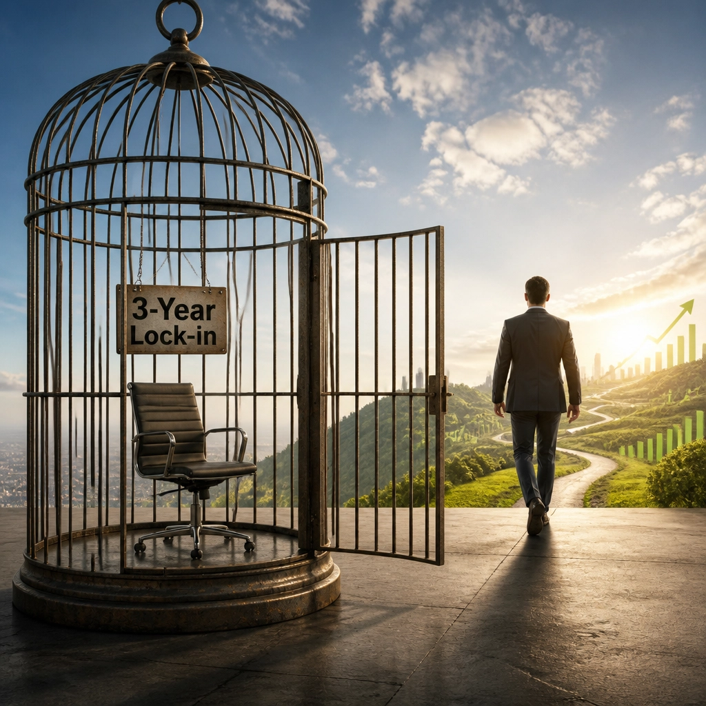 A businessman walking away from a birdcage towards a green horizon.