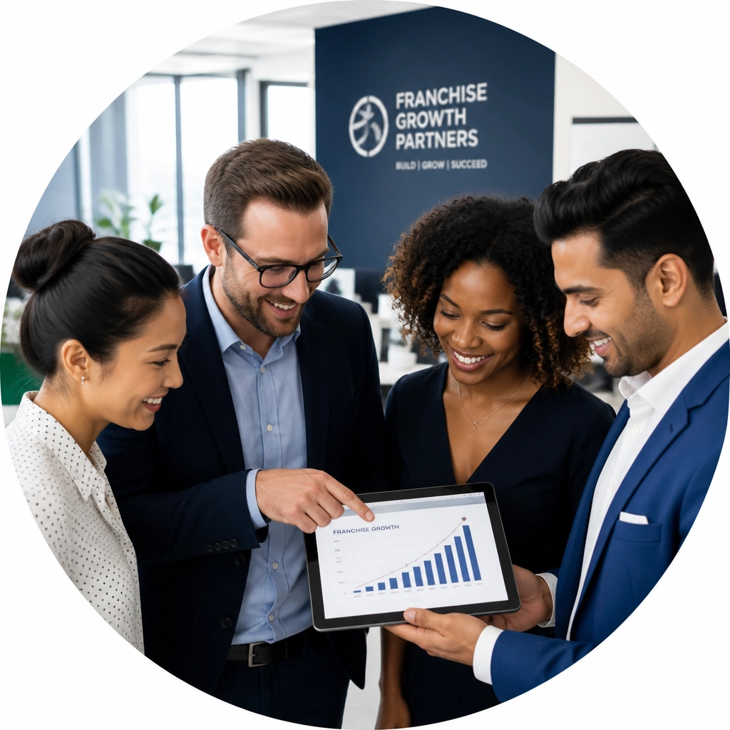 A team of franchise development experts looking at a digital tablet displaying a growth chart.