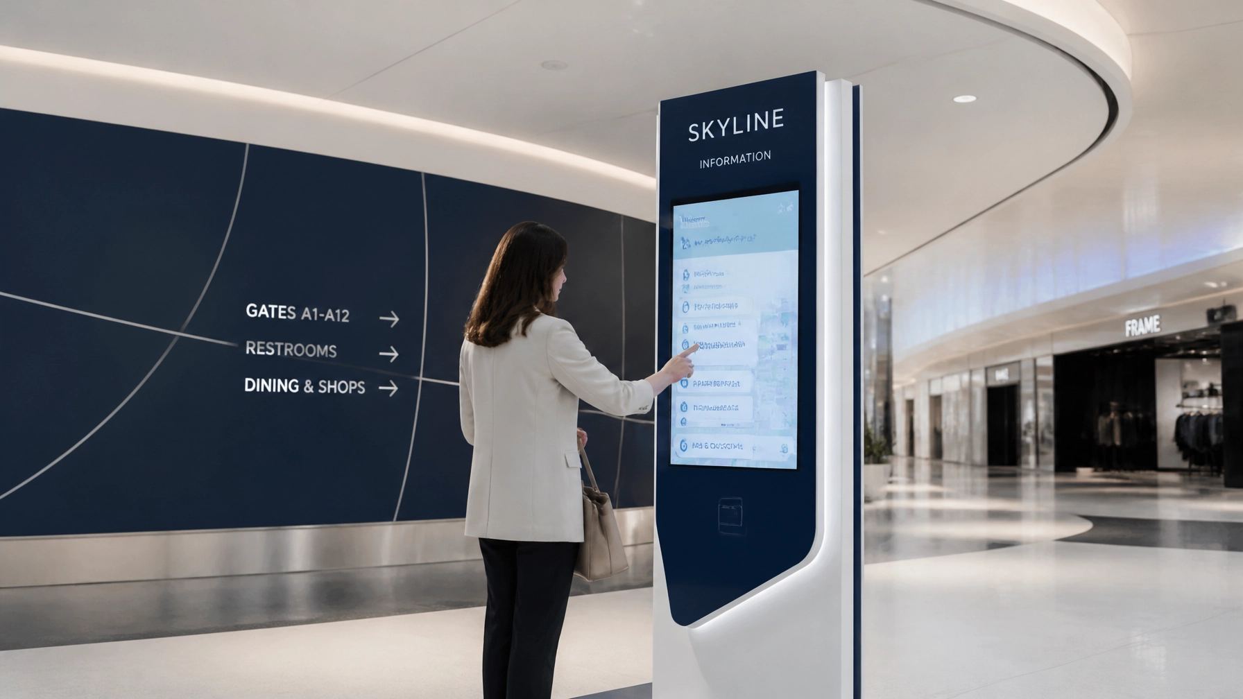 A high-tech digital kiosk in a modern corridor showing the evolution of small-footprint franchising