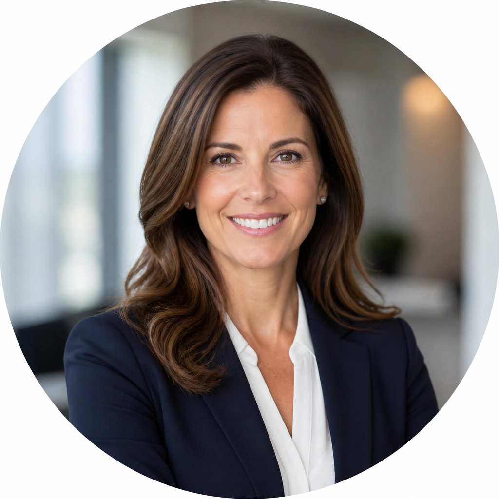 A professional headshot of a female executive with a warm expression, wearing a navy blazer, representing the leadership and expertise within an FSO.