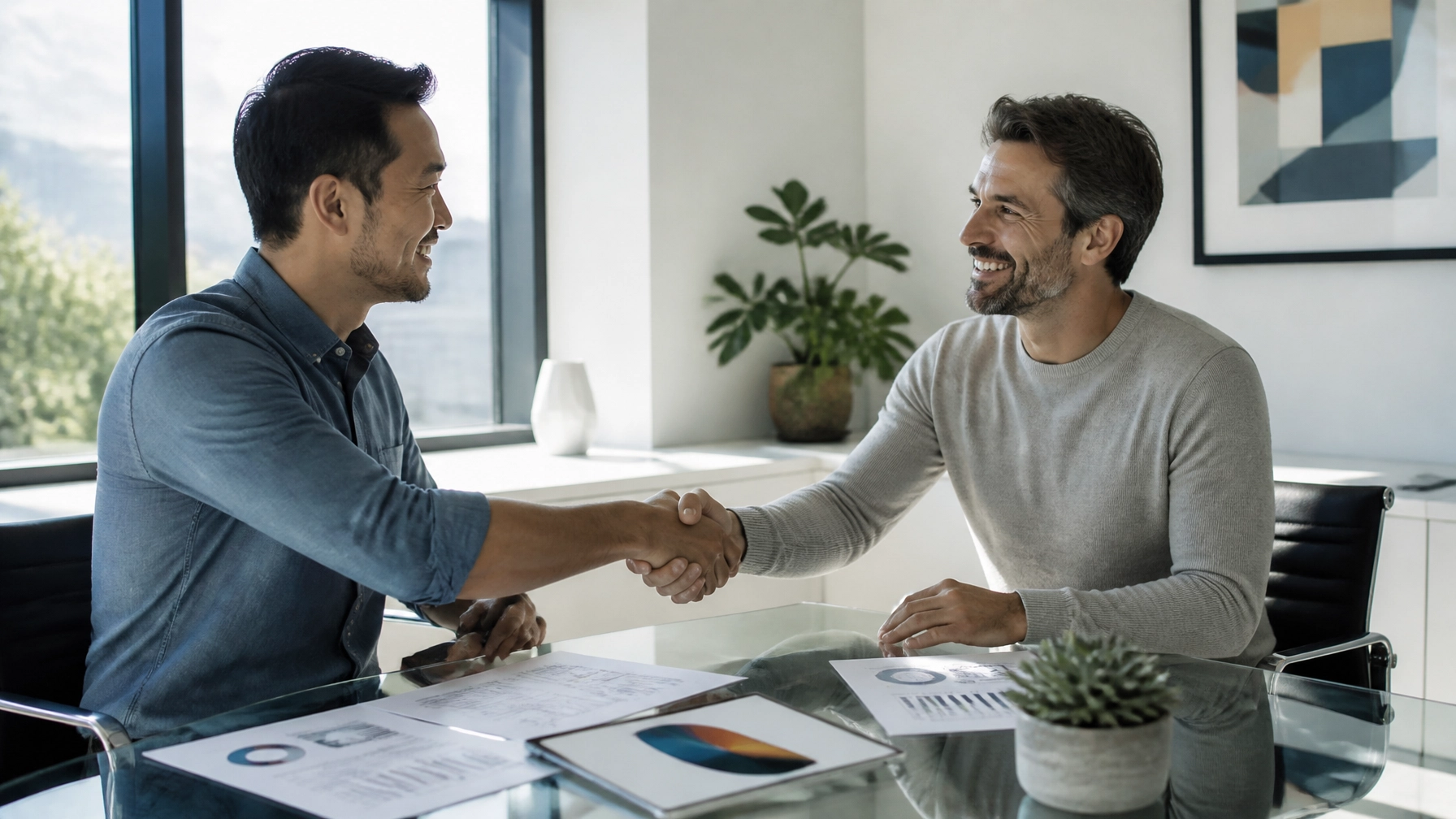 Two business partners shaking hands in a modern sunlit conference room