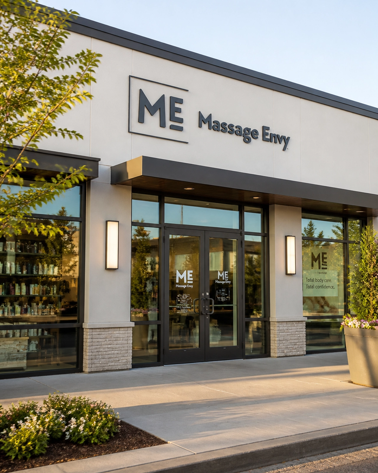 A modern, stylish franchise storefront in a high-end suburban area