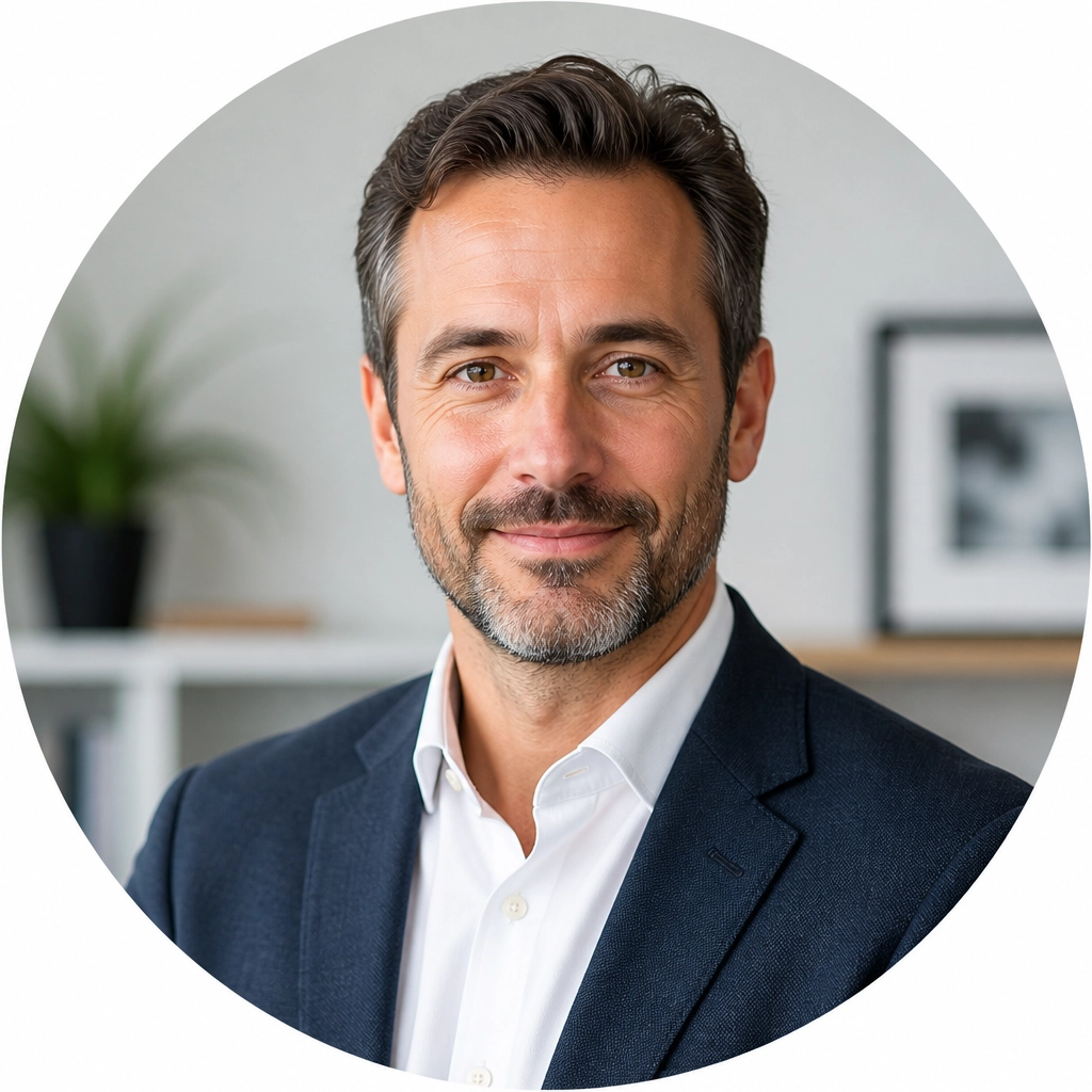 A professional profile portrait of a man in his 40s, wearing a crisp white shirt and a casual blazer, looking directly at the camera.