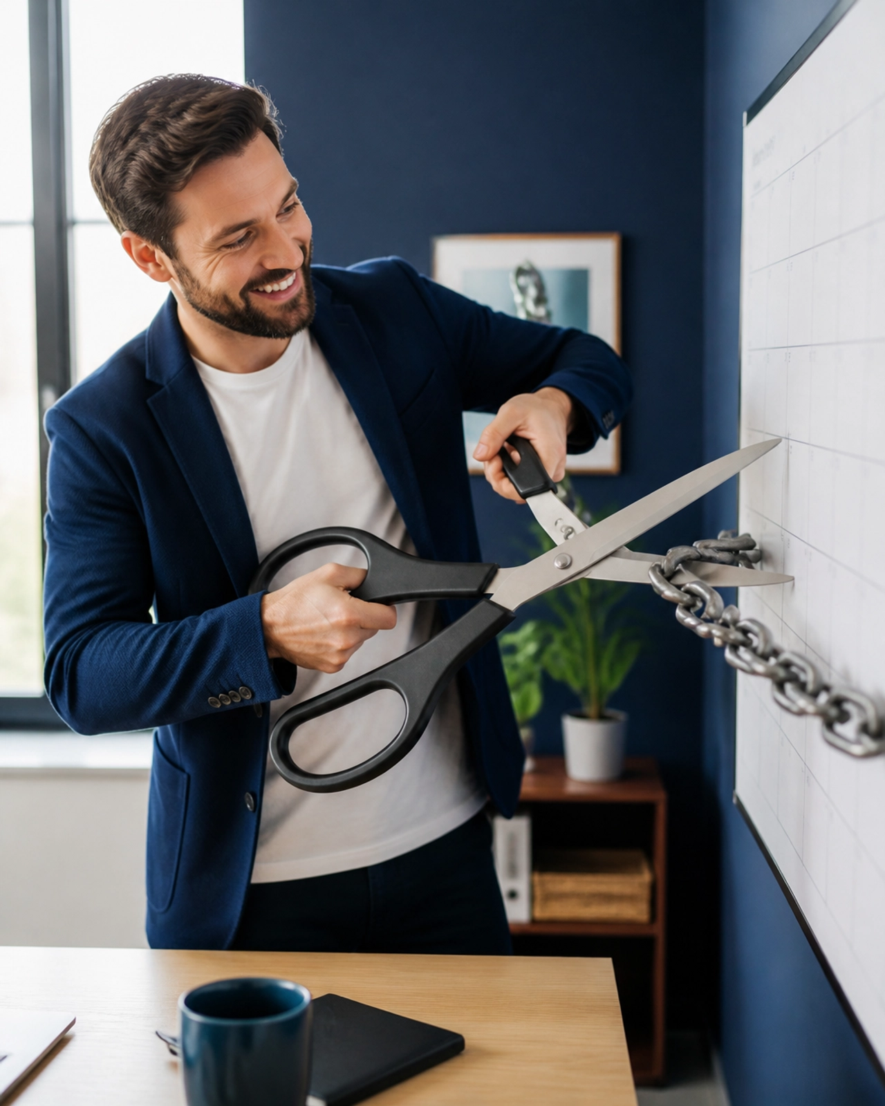 A person playfully cutting a heavy chain attached to a calendar with giant scissors