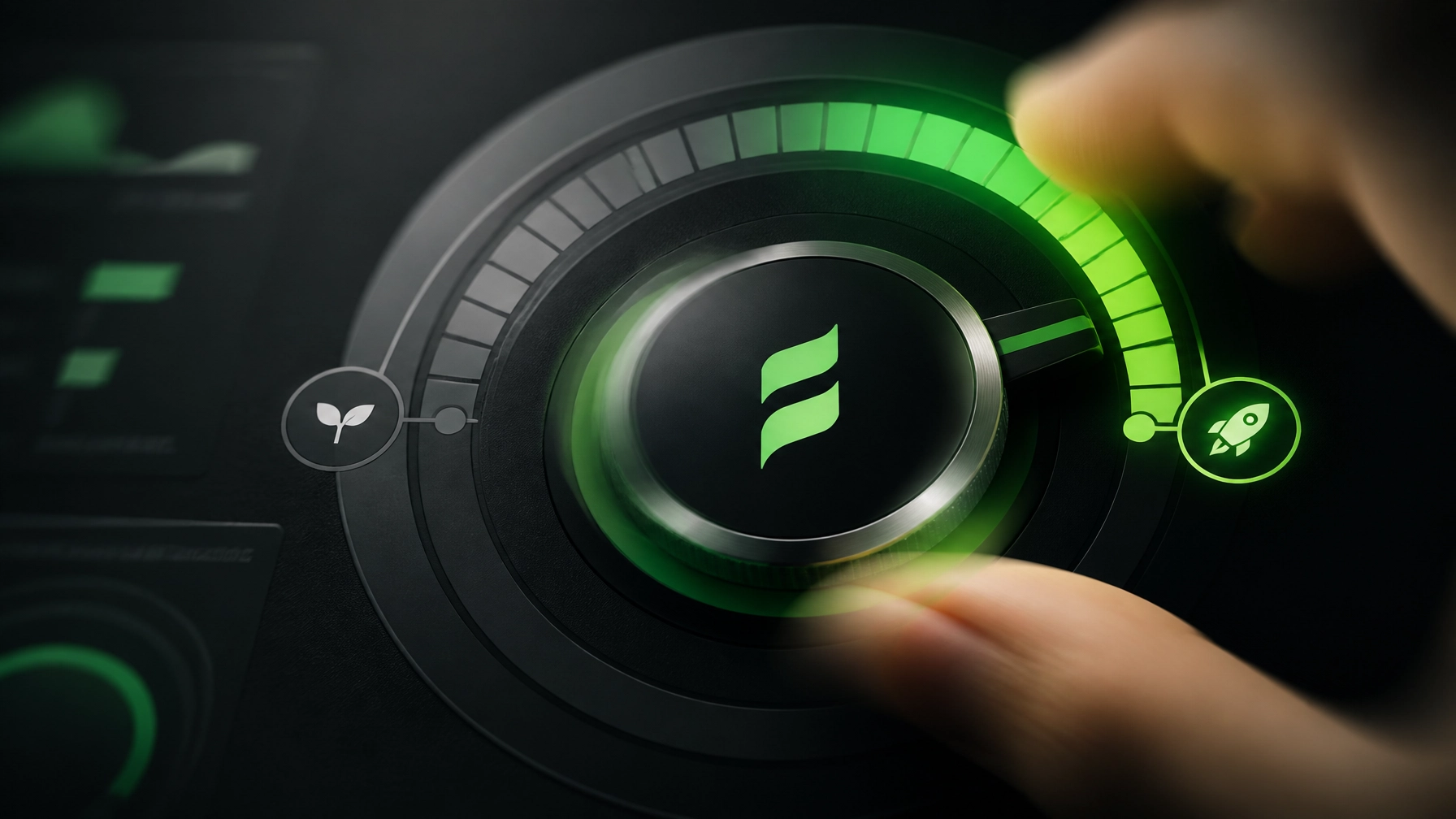 A sleek modern growth dial being turned to accelerate.