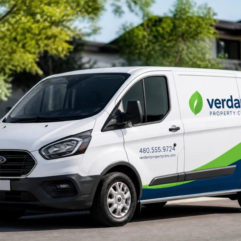 White delivery van with Verdant Property Care logo in a suburban driveway.