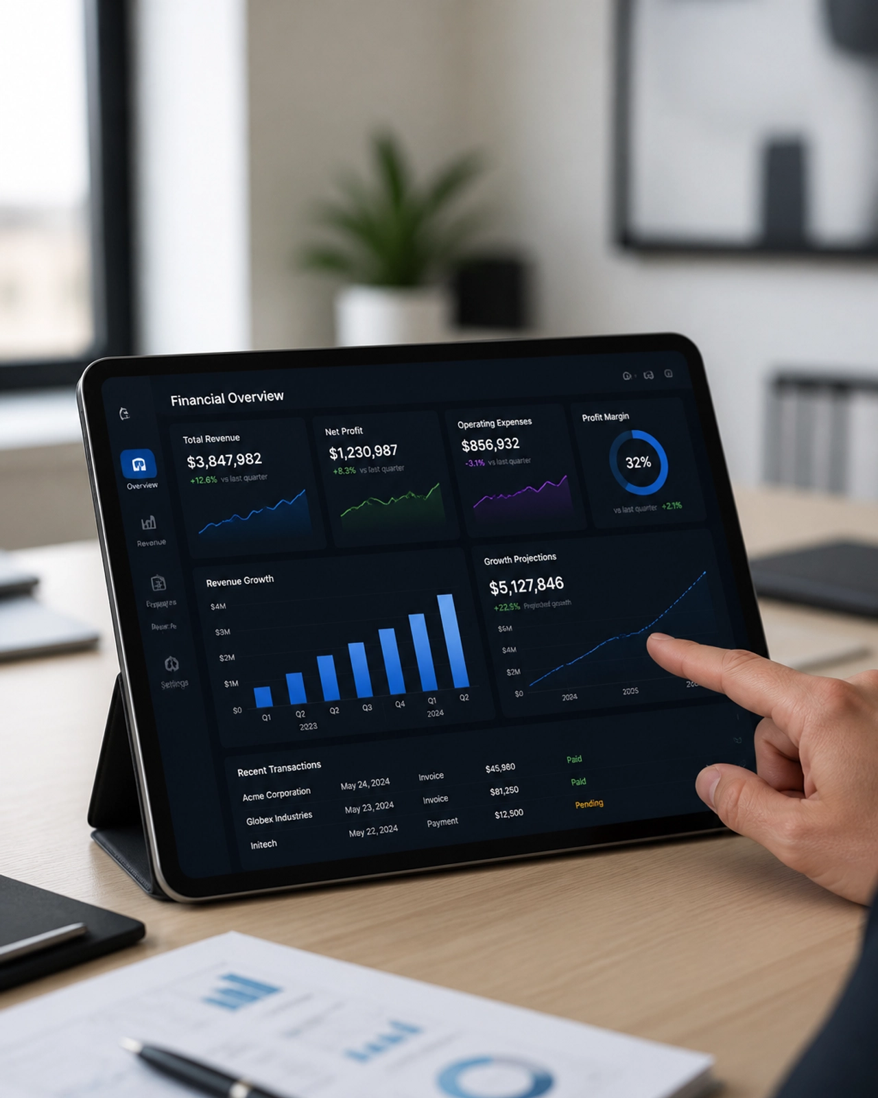 A high-resolution tablet on a clean wooden desk displaying financial analytics and growth projections