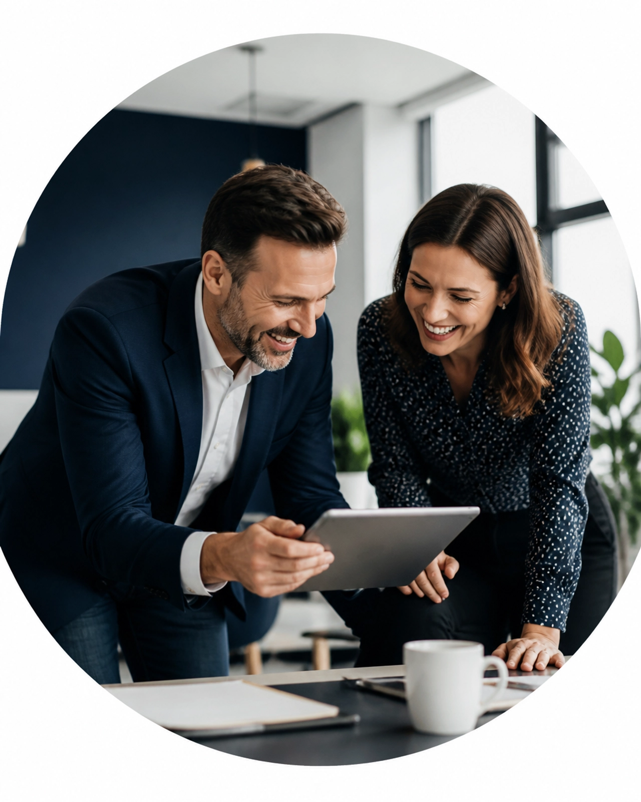 Two business partners collaborating in a modern office, showcasing a high-quality partnership