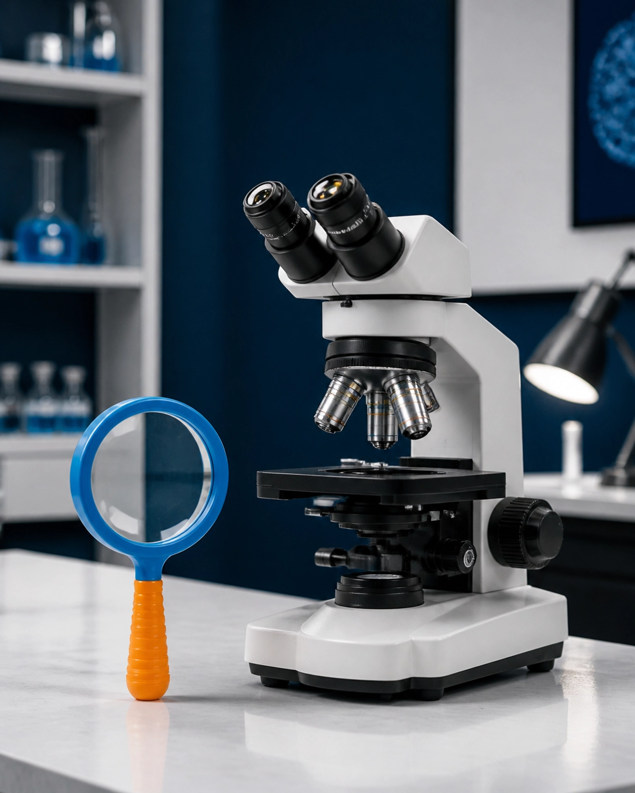 A humorous and witty conceptual photo comparing a cheap plastic magnifying glass next to a high-end, professional forensic microscope.