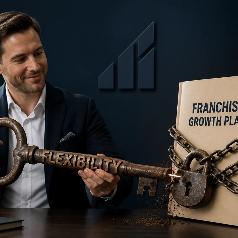 Businessman in a dark office uses a large rusty key labeled 'FLEXIBILITY' to unlock a chained folder titled 'Franchise Growth Plan'.