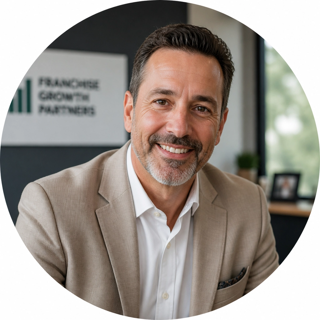 A candid, professional close-up of a franchise sales expert smiling warmly.