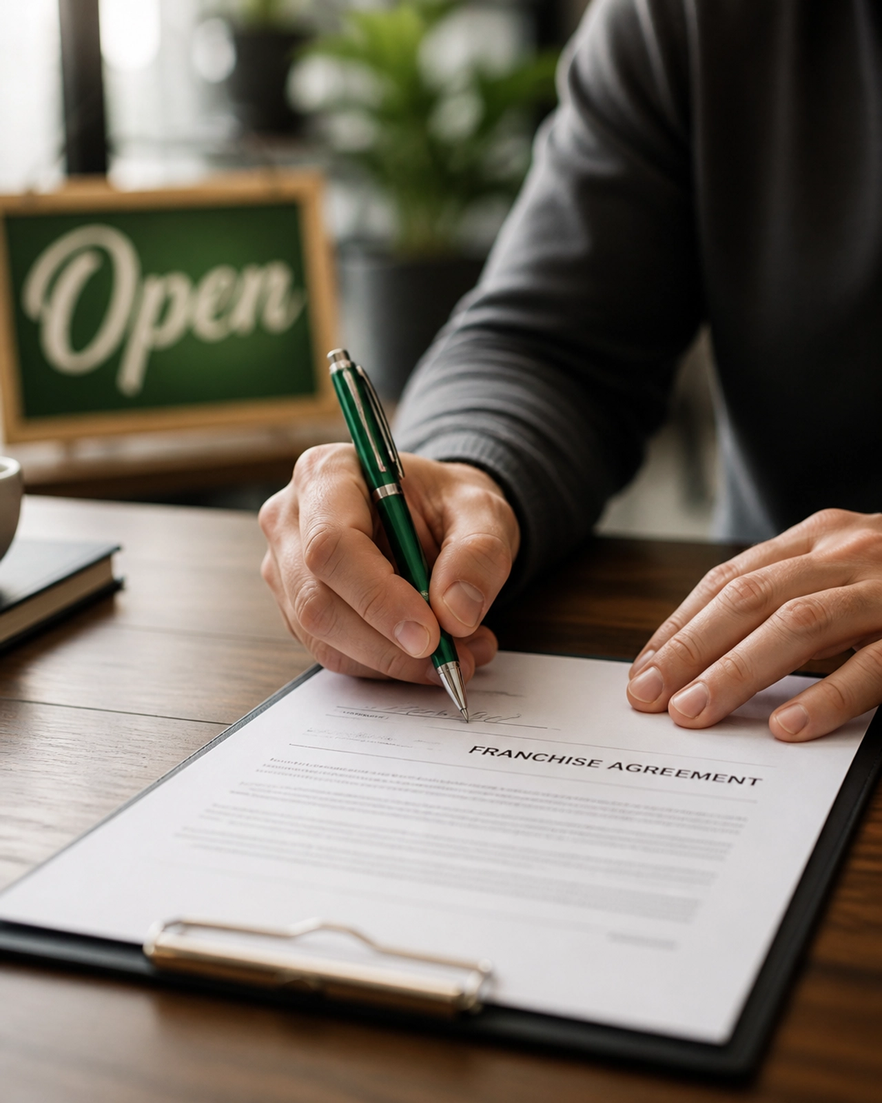 A clean, professional photograph of a person's hands signing a franchise agreement with a green pen.