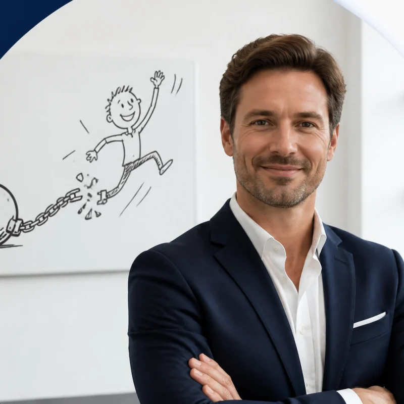 Smiling man in a navy suit with arms crossed in a modern office; a whiteboard sketch of a person chasing a ball and chain is visible behind him.