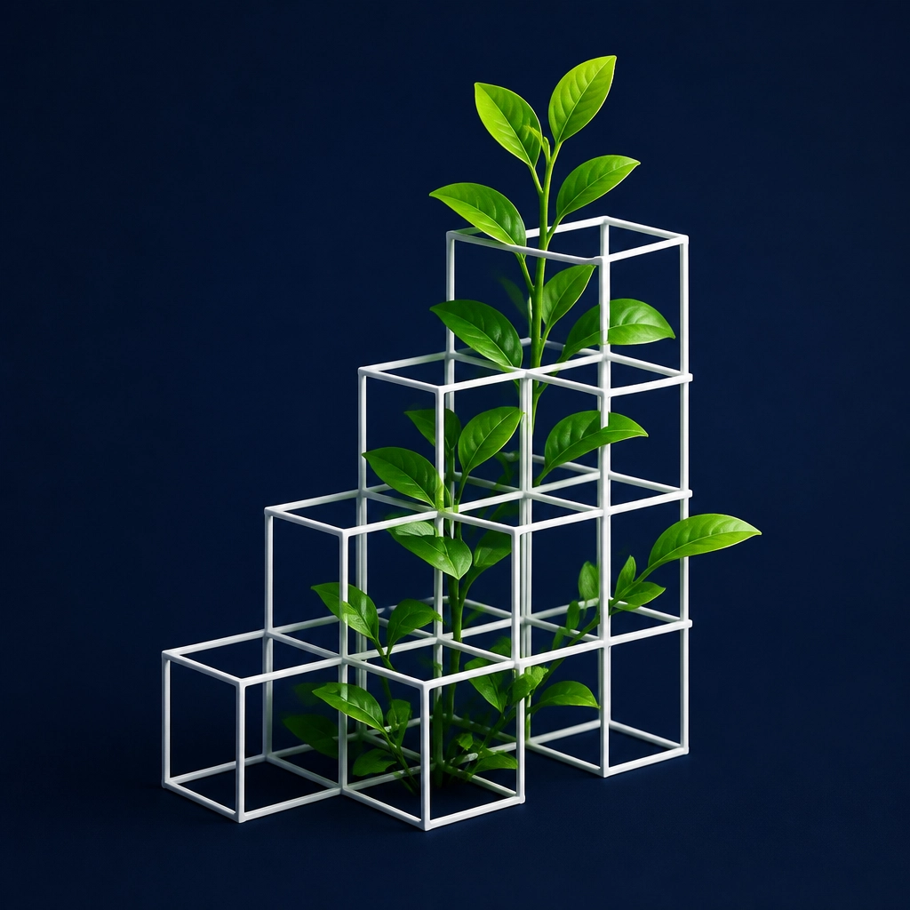 An abstract, professional visual of a vibrant green plant growing through a structured, white geometric lattice.