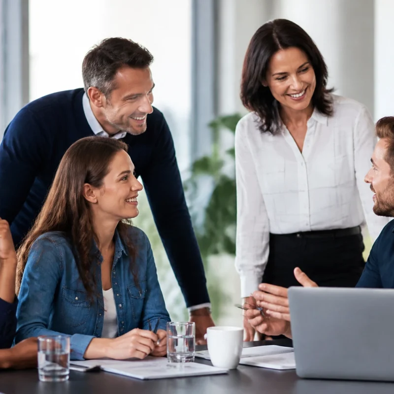 Five coworkers in a bright office, gathered around a table with a laptop, smiling and discussing documents.