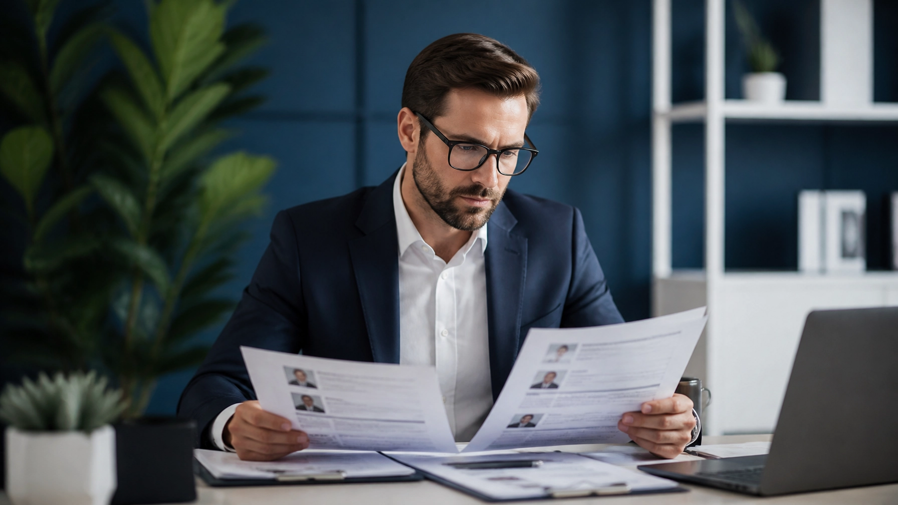 A business professional reviewing candidate profiles with focus and precision in a modern office