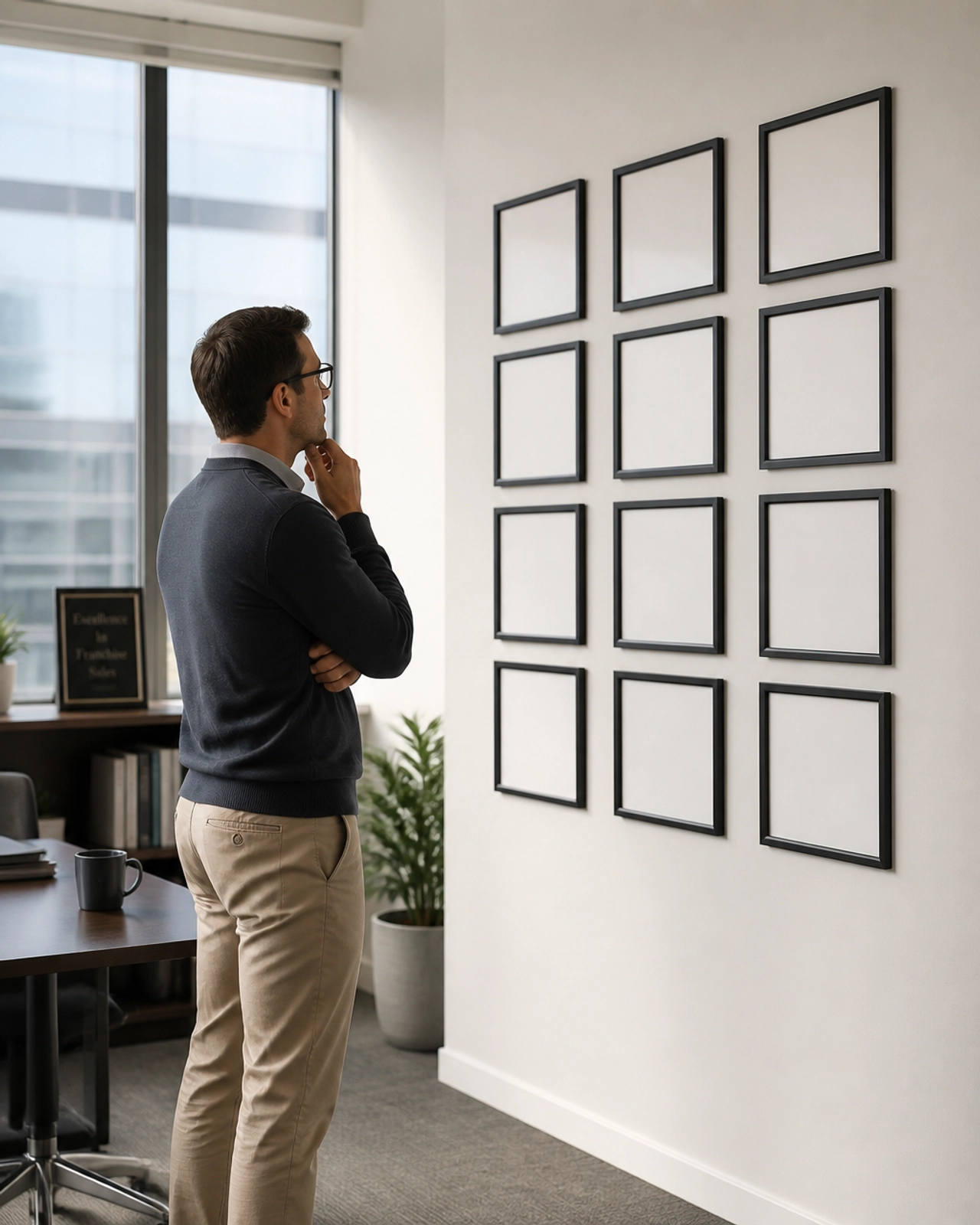 A business professional looking at empty frames, symbolizing the difficulty of finding the right franchise sales talent