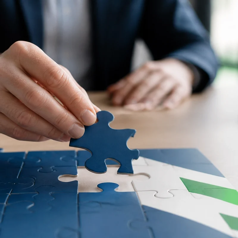 Person in a suit places a blue puzzle piece into a puzzle on a desk, symbolizing problem solving or collaboration.