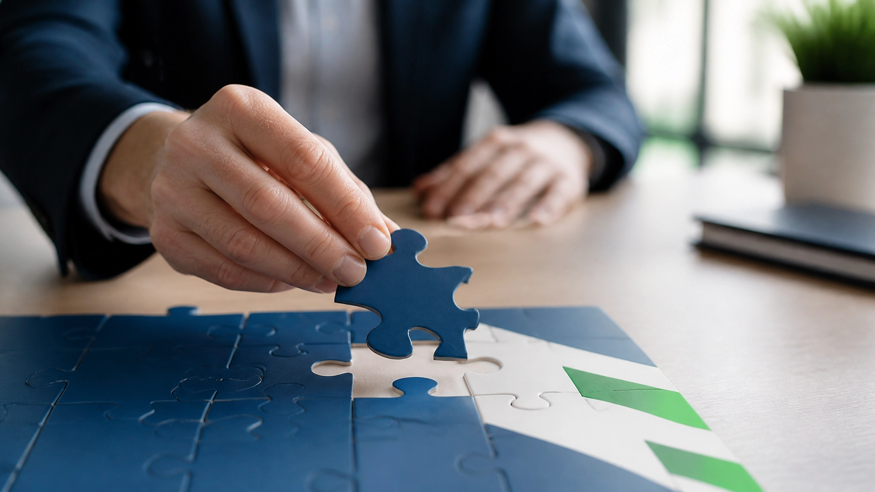 A professional placing the final puzzle piece into a correctly matched puzzle in a business setting