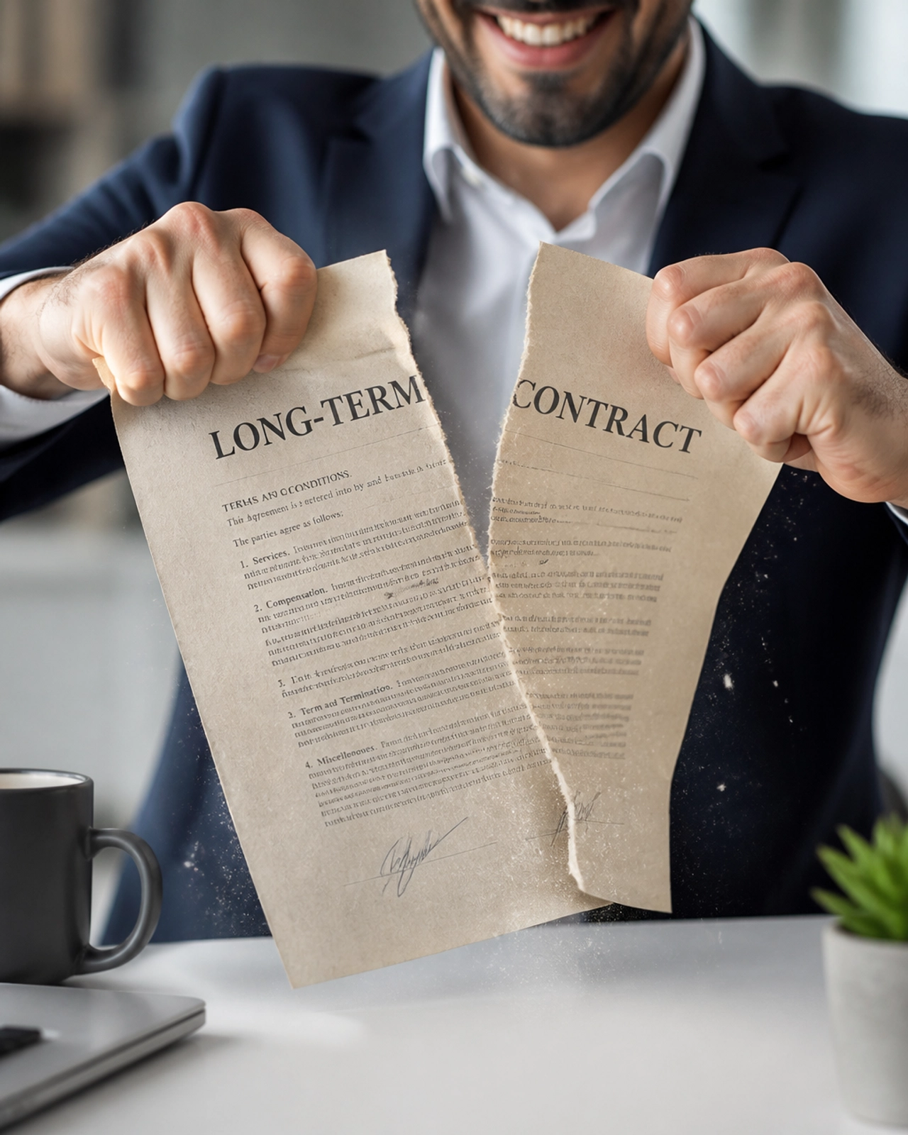 A person tearing up a long-term contract to reveal flexibility