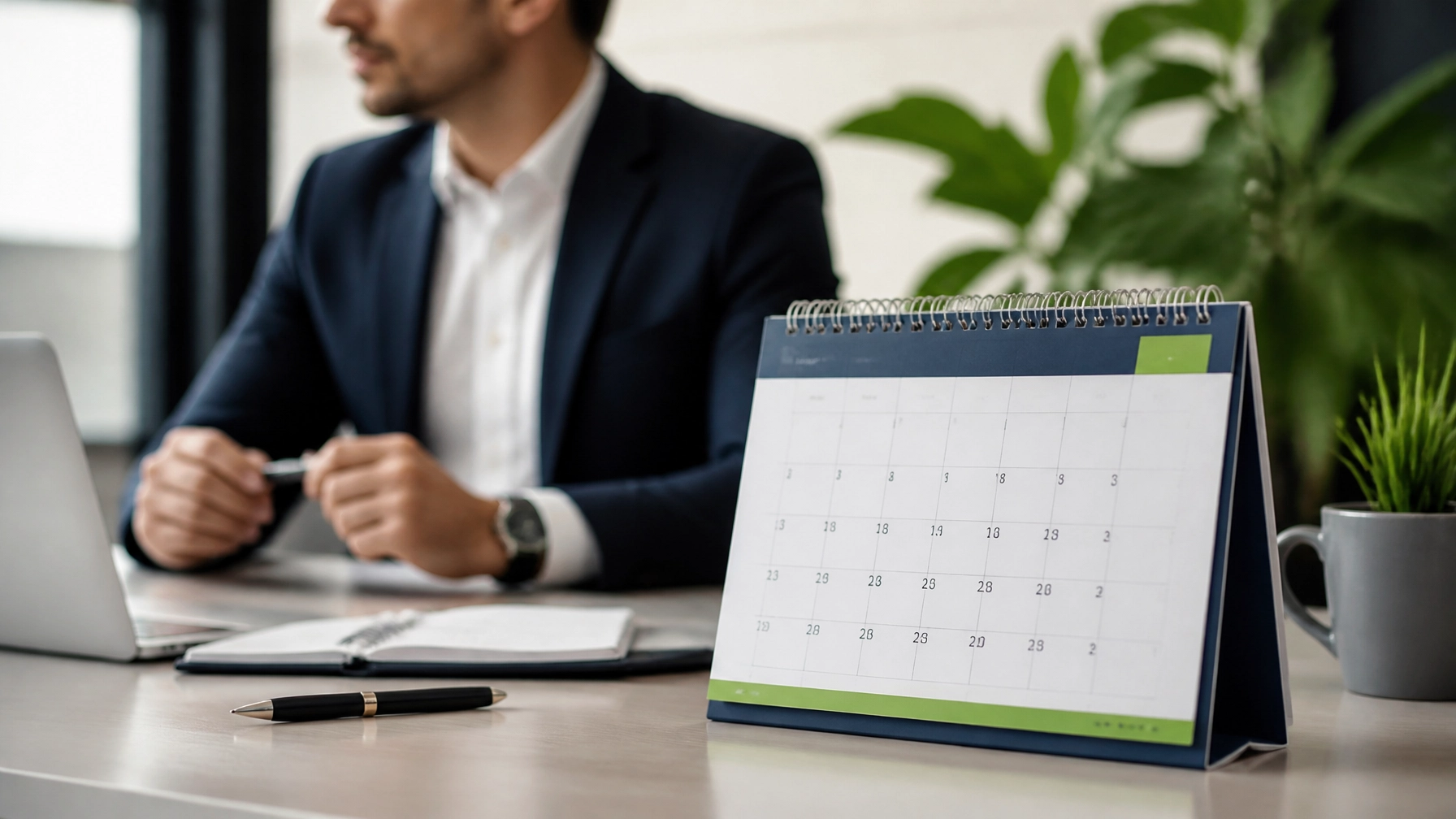 A modern desk calendar in a clean office setting representing month-to-month flexibility