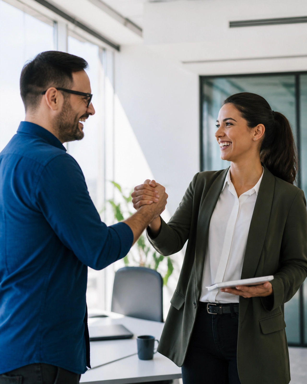 Two professional colleagues shaking hands in a bright office, representing a successful partnership